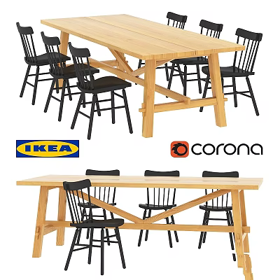 Wooden Dining Table And Chair Set With Black Chairs For Modern Home Use 3d model
