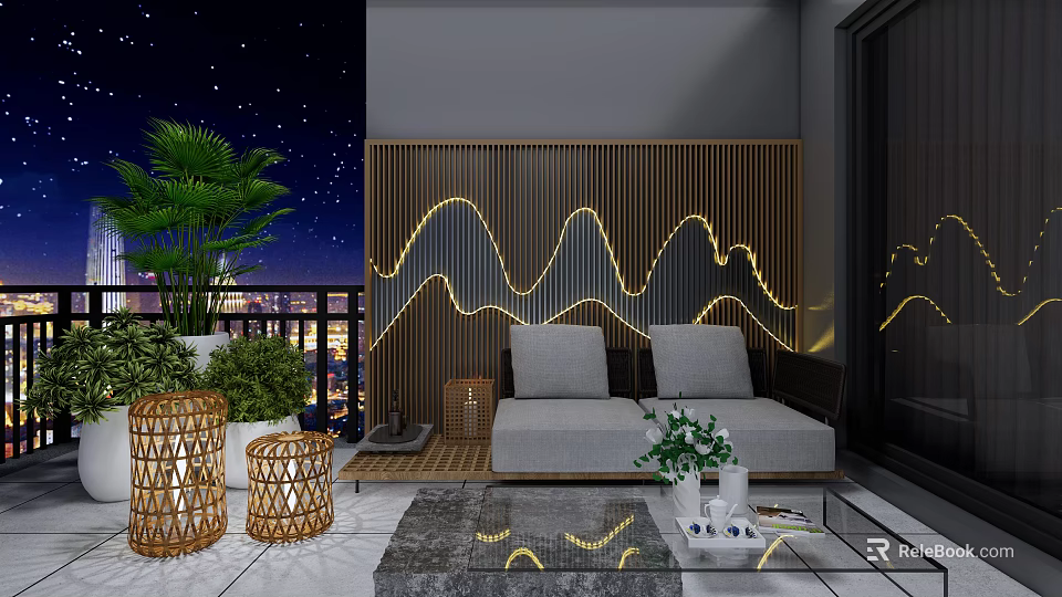Outdoor Sofa On Patio With Bamboo Screen Mountain Lighting And Woven Lanterns 3d model 