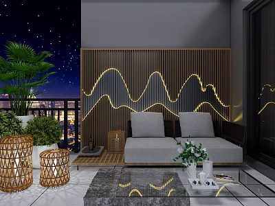 Outdoor Sofa On Patio With Bamboo Screen Mountain Lighting And Woven Lanterns 3d model