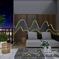 Outdoor Sofa On Patio With Bamboo Screen Mountain Lighting And Woven Lanterns