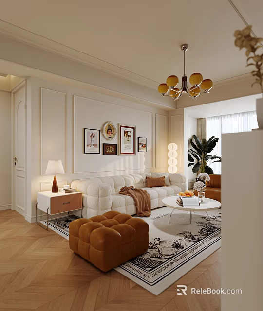 Elegant Living Dining Room With White Sofa Brown Ottoman Decorative Paintings Chandelier And Green Plant 3d model 