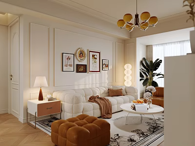 Elegant Living Dining Room With White Sofa Brown Ottoman Decorative Paintings Chandelier And Green Plant 3d model