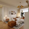 Elegant Living Dining Room With White Sofa Brown Ottoman Decorative Paintings Chandelier And Green Plant