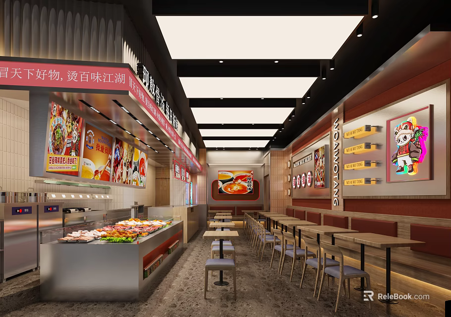 Japanese Restaurant Interior With Fresh Sushi Ingredients Display And Dining Tables Chairs 3d model 