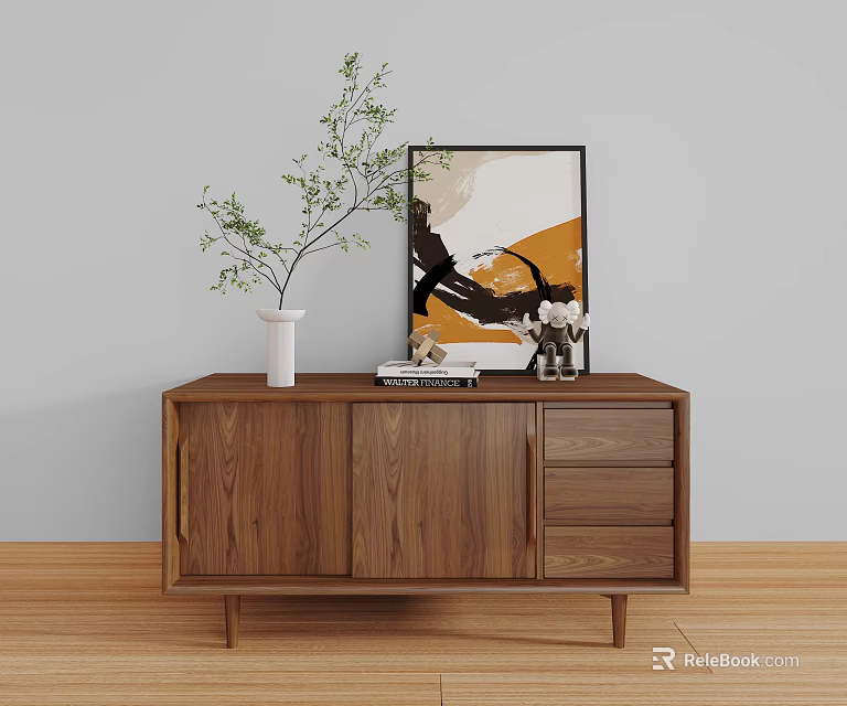 Wooden Walnut Entryway Side Cabinet with Vase Green Plant Books and Abstract Art 3d model 