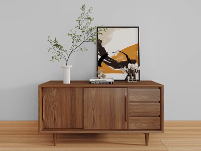 Wooden Walnut Entryway Side Cabinet with Vase Green Plant Books and Abstract Art 3d model