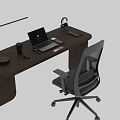 Modern Wooden Office Desk With Laptop Coffee Mug Lamp Headphones And Ergonomic Chair