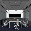 Modern Meeting Room Interior With Long Table White Chairs Blue Carpet Whiteboard And Large Screens