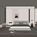 Modern Bedroom Interior Design With Platform Bed Gray Rug Artwork And Large Windows Curtains 3d model