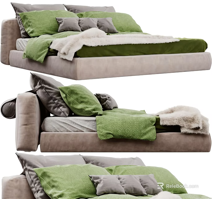 Modern Double Bed With Green Bedding Gray Mattress And Soft Fabric Headboard 3d model 