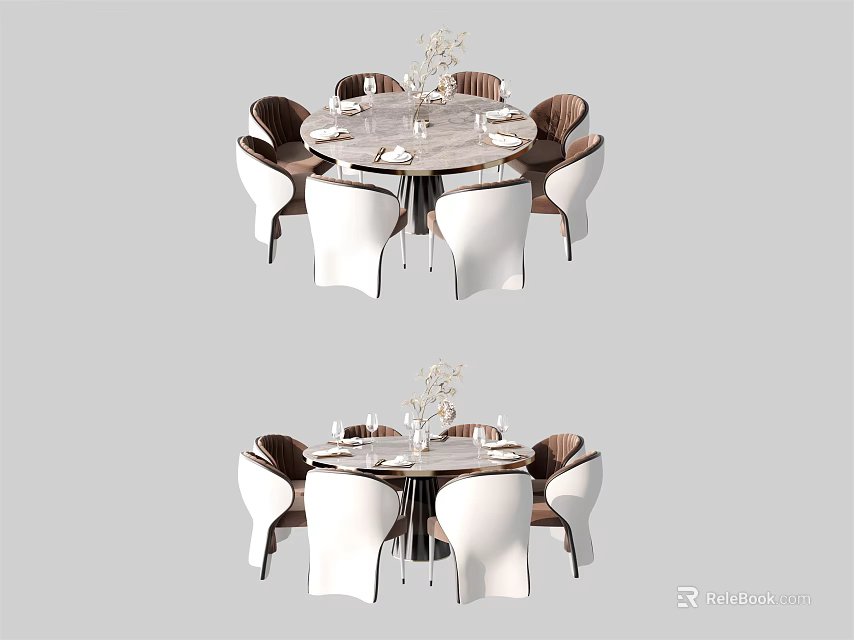 Modern Dining Table Set With Round Glass Top And White Brown Chairs 3d model 