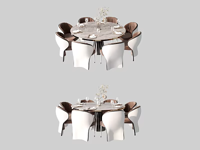 Modern Dining Table Set With Round Glass Top And White Brown Chairs 3d model