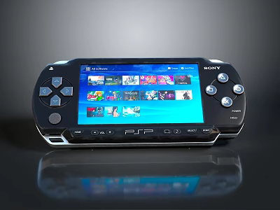 Sony PSP Portable Gaming Console with Screen Displaying Game Icons and Control Buttons 3d model