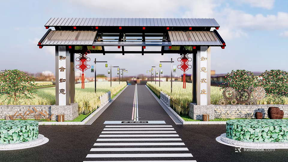 Traditional Chinese Entrance Gate Featuring Ornate Roof Pillars Red Decorations And Farmland Road 3d model 