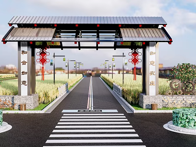 Traditional Chinese Entrance Gate Featuring Ornate Roof Pillars Red Decorations And Farmland Road 3d model