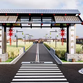 Traditional Chinese Entrance Gate Featuring Ornate Roof Pillars Red Decorations And Farmland Road