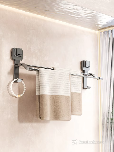 Modern Bathroom Towel Rack With Hanging Towels And Decorative Beaded Bracelet 3d model 
