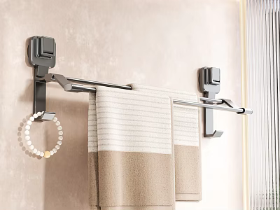 Modern Bathroom Towel Rack With Hanging Towels And Decorative Beaded Bracelet 3d model