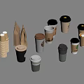 Various Disposable Coffee Cups With Lids And Paper Bags Stacked Together