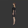 Woman Wearing Dark Off Shoulder Fitted Dress Standing Against Gray Background With High Heels