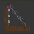 Red Industrial Mechanical Structure With Metal Ladder Brown Base Hydraulic Arms And Yellow Connectors