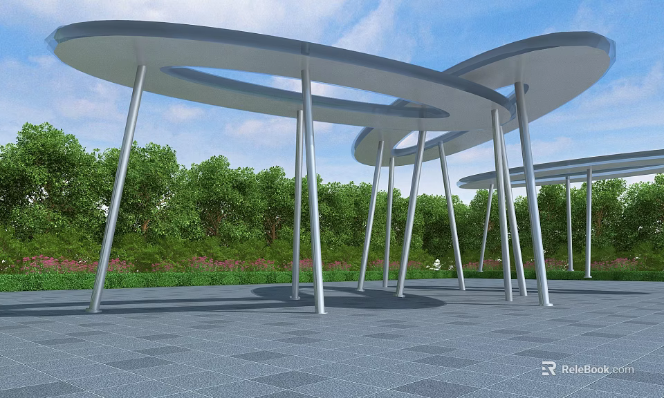 Modern Pergola with Curved Roof Structure Sleek Metal Columns Green Trees and Paved Ground 3d model 