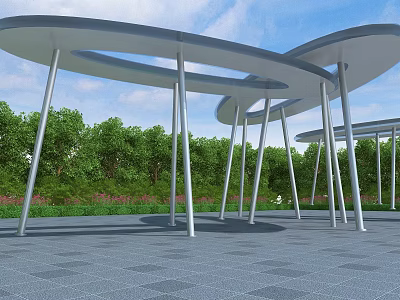 Modern Pergola with Curved Roof Structure Sleek Metal Columns Green Trees and Paved Ground 3d model