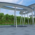 Modern Pergola with Curved Roof Structure Sleek Metal Columns Green Trees and Paved Ground