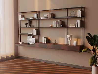 Modern Open Bookshelf Interior With Books Decor Pieces And Potted Plant 3d model