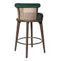 Bar Stools With Green Velvet Seats Woven Rattan Backrests Dark Wooden Legs And Metal Footrests