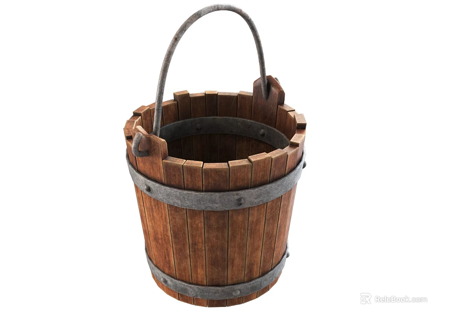 Rustic Wooden Bucket Featuring Metal Handle And Iron Hoops Design Details 3d model 