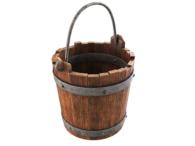 Rustic Wooden Bucket Featuring Metal Handle And Iron Hoops Design Details 3d model