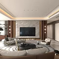 Modern Living Dining Room Interior With Marble Wall Sofa Set Shelving Units And Patterned Rug