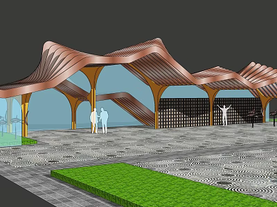 Modern Wave Shaped Copper Colored Pergola With Green Lawn And Patterned Paving 3d model