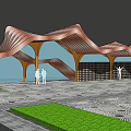 Modern Wave Shaped Copper Colored Pergola With Green Lawn And Patterned Paving 3d model