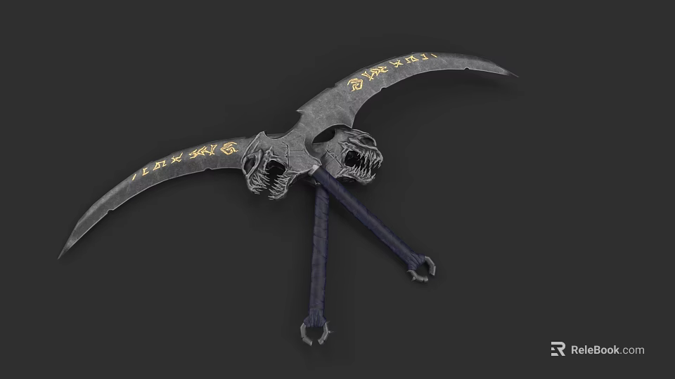 Decorative Scythe Weapon With Golden Patterns And Skull Decorations Double Handles 3d model 