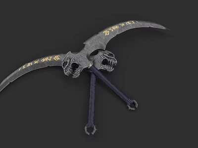 Decorative Scythe Weapon With Golden Patterns And Skull Decorations Double Handles 3d model