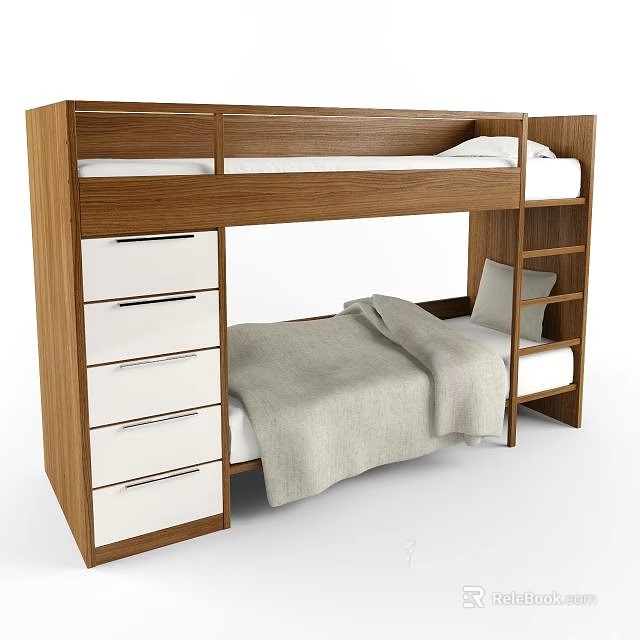 Wooden Bunk Bed With Drawers Shelves Mattress And Blanket For Bedroom 3d model 