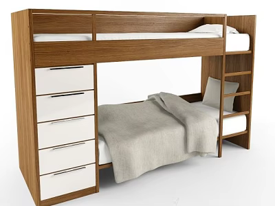 Wooden Bunk Bed With Drawers Shelves Mattress And Blanket For Bedroom 3d model