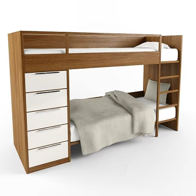 Wooden Bunk Bed With Drawers Shelves Mattress And Blanket For Bedroom 3d model