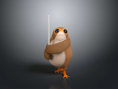 Cute Small Brown Game Movie Character With Big Eyes Orange Feet Holding White Stick 3d model