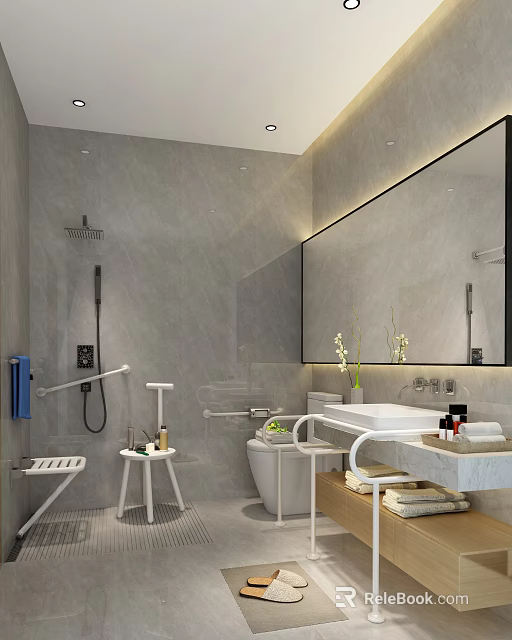 Modern Public Restroom With Gray Walls Accessible Handrails Large Mirror Washbasin And White Sanitary Ware 3d model 