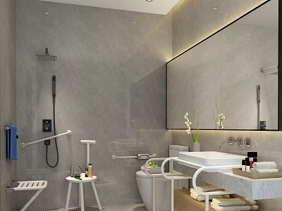 Modern Public Restroom With Gray Walls Accessible Handrails Large Mirror Washbasin And White Sanitary Ware 3d model