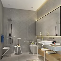 Modern Public Restroom With Gray Walls Accessible Handrails Large Mirror Washbasin And White Sanitary Ware