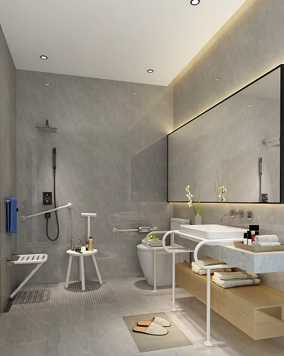 Modern Public Restroom With Gray Walls Accessible Handrails Large Mirror Washbasin And White Sanitary Ware 3d model