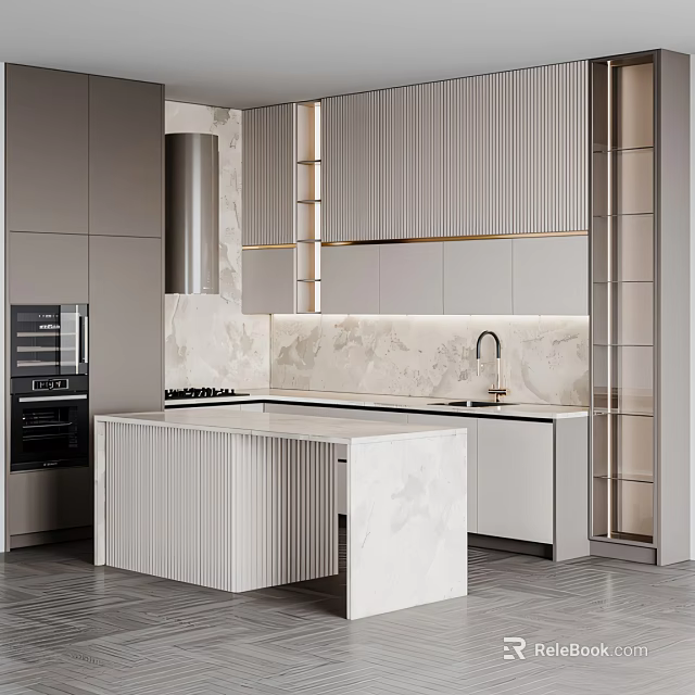 Modern Kitchen With Sleek Cabinets Island Marble Backsplash And Appliances 3d model 