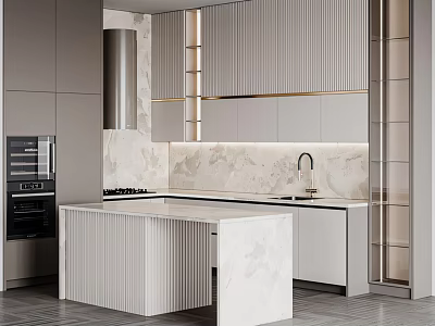 Modern Kitchen With Sleek Cabinets Island Marble Backsplash And Appliances 3d model