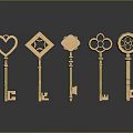Golden Decorative Keys with Heart Diamond Flower Patterns on Dark Reflective Background
