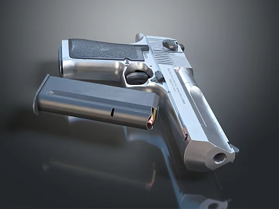 Silver Metal Pistol With Detachable Magazine Shiny Body Design On Dark Background 3d model