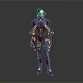 Futuristic Humanoid Character In Blue Black Mechanical Armor With Technological Details